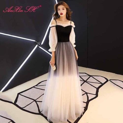 AXJFU princess black and white lace evening dress party boat neck beading ruffles red Flannelette evening dress