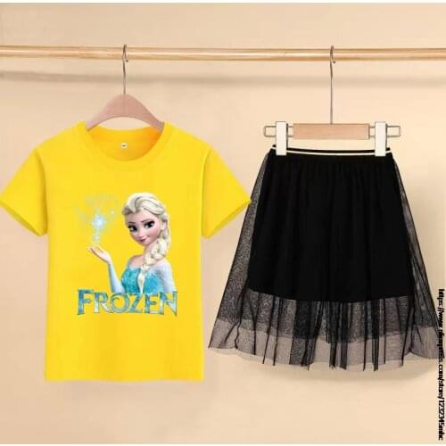 Disney Girls Frozen Elsa Clothes Sets Summer Floral Children Short Sleeve T-shirt+skirt 2PCS Kids Suit Fashion Cartoon Outfits