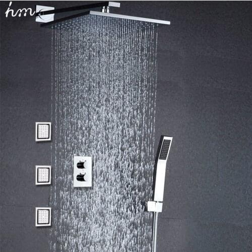 Hm 10" Air Booster Shower Head Saving Water Massage Body Jet 3 Jets Thermostat Shower Kit Wall Mounted Embedded Box Chrome Spout