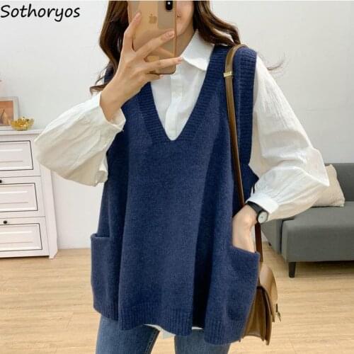 Sweater Vest Women V-neck Knitted Solid Simple All-match Loose Leisure Trendy Pocket Classic Jumper Ulzzang Plus Size 4XL Womens