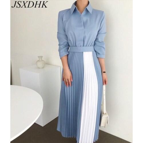 JSXDHK French Elegant Color Contrast Autumn Pleated Dress Chic Women Turn Down Collar Lace Up Office Ladies Midi Dress Vestidos