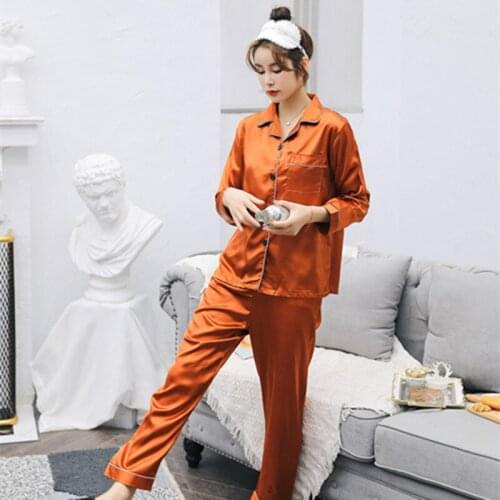 JULYS SONG New Woman Faux Silk Pajamas Set Pure Color Couple Spring Autumn Lapel Suit Long-sleeved Simple men Leisure Sleepwear
