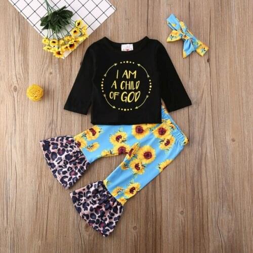 Toddler Baby Girl Clothes Letter Print Tops+Sunflower Leopard Long Flare Pants+Headband Cotton 3Pcs Outfit Set