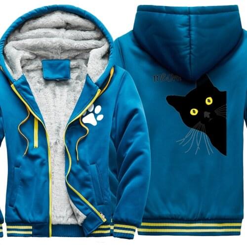 Black Cats Funny Print Fleece Thicken Coat for Man Winter Outdoor Warm Tracksuit Coats High Quality Brand Man Streetwear Jackets