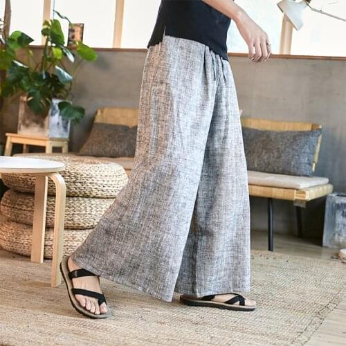 Man Cotton Linen Wide Leg Pant Men Casual Stripe Straight Trousers 2021 Male Traditional Chinese Style Pants Trousers 2021 New