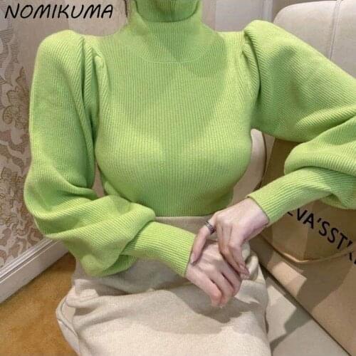 Nomikuma 2021 Autumn Winter Basic Woman Sweaters Half Turtleneck Puff Sleeve Knitted Tops Korean Solid Slim Pull Jumpers 6L419