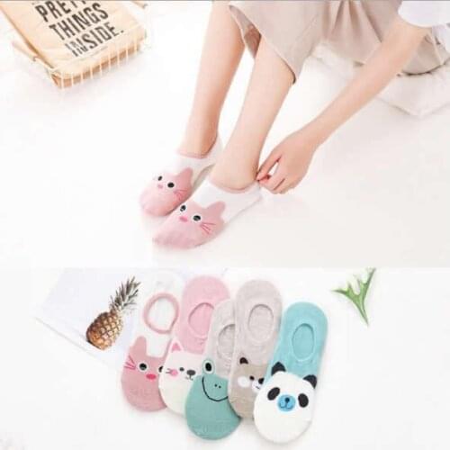5 Pairs 1 Lot Silicone Invisible Non-slip Socks Set Women Cute Animal Printed Cartoon Kawaii Low Cut No Show Ankle Sock Slippers