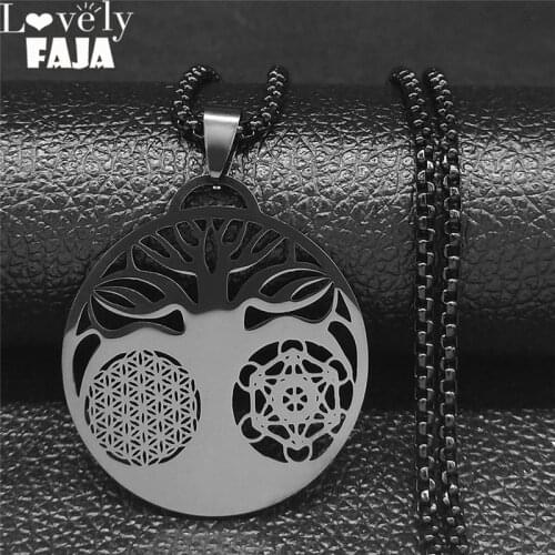 Yoga Flower Tree of Life Stainless Steel Chain Necklaces Women/Men Black Color Round Necklaces Jewelry collier homme N3091S03