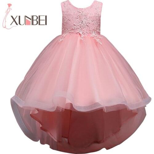 Hi-Low Organza Pink Flower Girl Dresses Appliqued Girls Pageant Dresses First Communion Dress Wedding Party Dress