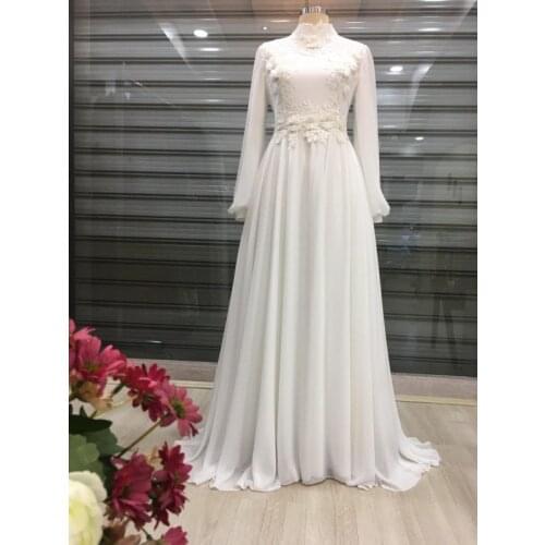 Chiffon Appliques Flowers Long Sleeve Muslim Prom Dress High Neckline A Line Arabic Caftan Evening Formal Party Gowns