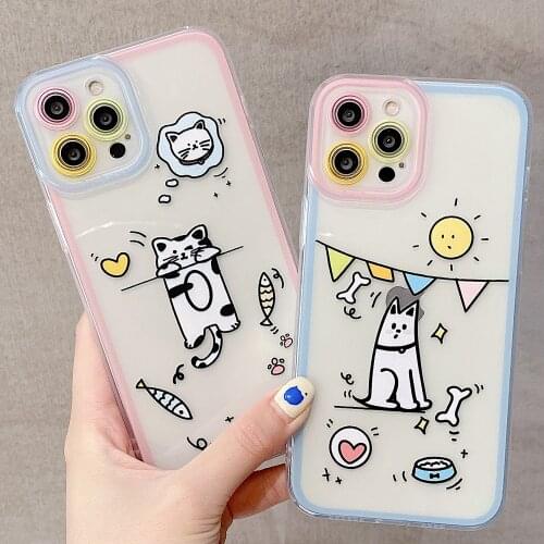 Korea Cute Illustration Cat Dog Fish Bone Phone Case For IPhone 12 8 Plus 11 Pro Max XR X XS Max Transparent Soft Silicone Shell