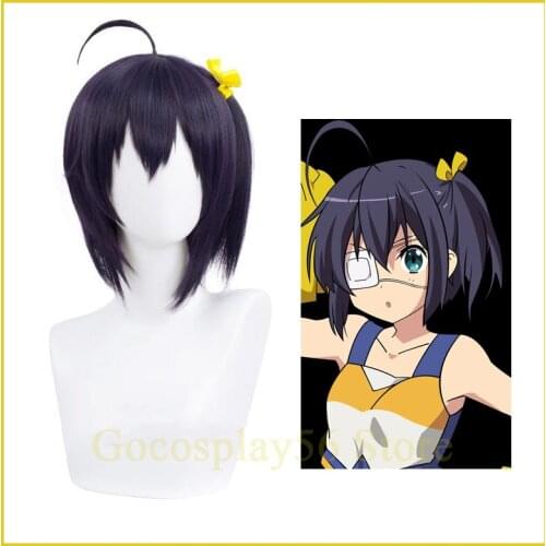 Takanashi Rikka Cosplay Wig Short Dark Purple Hair Yellow Ribbon Love, Chunibyo & Other Delusions Heat Resistant Anime Role Play