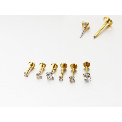 2 pieces 20G Gold Body Jewelry Cubic Zirconia Theadless Lip Labret Ring Helix Tragus Ear Piercing