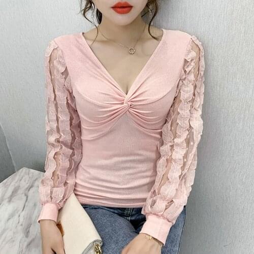 AYANGA 2021 Women Pink Basic T shirt Long Sleeve Slim V-neck Tees Ladies Casual Tee Shirt Lace Patchwork Streetwear Black Top