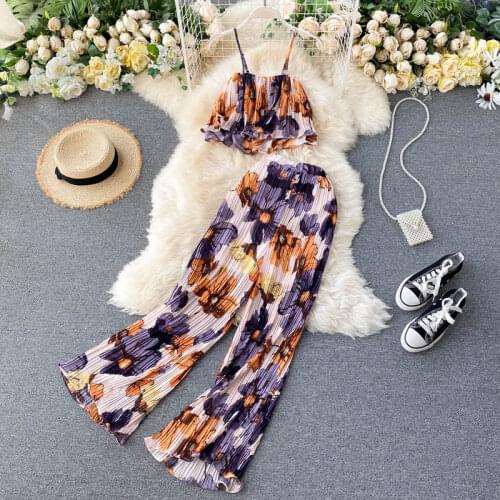 2021 Womens Summer Sets Vacation Style Printed Short Camisole Pleated High-waist Wide-leg Pants Two-piece New Casual Sets LL956