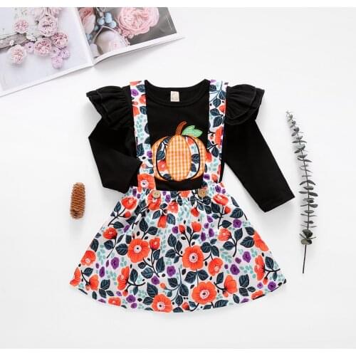 3M-3Y Autumn Halloween Baby Girl Clothes Set Flower Pumpkin Printed Long Sleeve Shirt + Strap Dress 2PCS Outfit