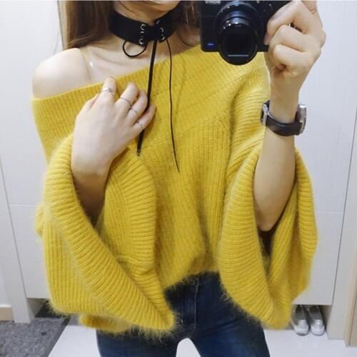 Women fashion sexy sweater slash neck off shoulder flare sleeve furry sweater ladies solid color knitwear pullover free shipping