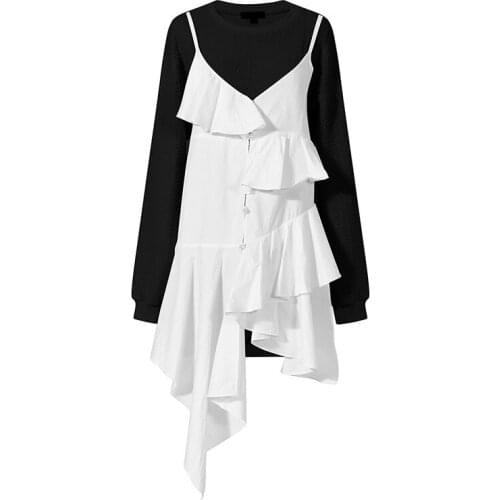 SeeBeautiful Hit Color Irregular Multi-layer Ruffles Spliced Loose Dress O Neck Long Sleeve Women Autumn 2021 New Fashion G486