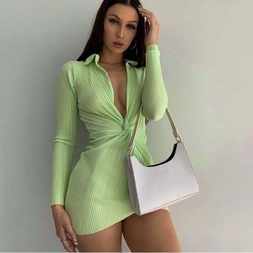 Polo Neck Twisted Sexy Bodycon Women Dresses Long Sleeve High Waist Solid Casual Midi Dress Streetwear 2021 New Autumn Dresses