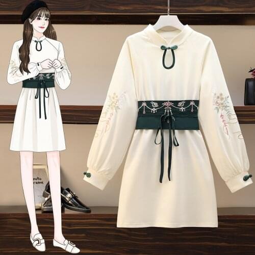 Autumn Stand Collar Floral Embroidery Loose Dress Women Long Sleeve Chinese Style Buckle Vintage Belt High Waist Female Dresses
