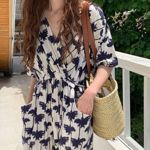 2021 Summer Dress Women Korean Vintage Print Long Dress Print Dresses V-neck Fashion Vestido Feminino with Pocket Chic New 15187