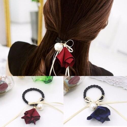 7 Colors Flower Silky Ribbon Bow Knot Simulated Pearl Nodes Elastic Hair Bands Accessories Ponytail Holder Wonmen Hairwear