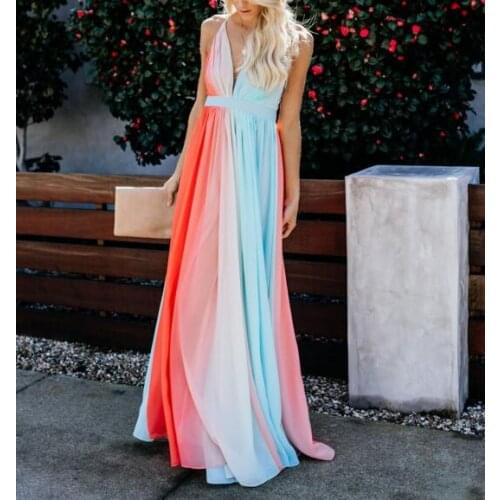 Halter long chiffon dress Bohemian rainbow printed women maxi dress 2021 Fashion sexy v neck club party dresses