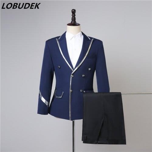 Men Dancer Group Preppy Style Suit 3 Piece Set Navy Blue Jacket+Tie+Pants Outfit Bar Nightclub Singer Stage Performance Costume