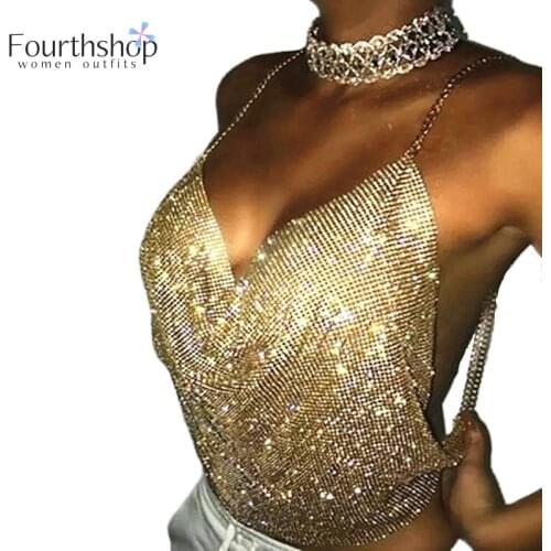 Sexy Crop Top Women Backless Metallic Sequin Shiny Golden Tank Tops Rhinestone Vest Night Club Party Chain Deep V Camisole 2021
