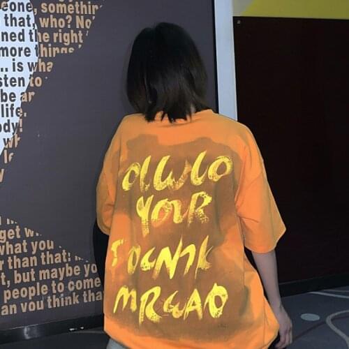 Summer Orange Harajuku Style Letter Graffiti Printing Loose White Short-Sleeved T-Shirt Top Female Hip-Hop Style Street Clothes