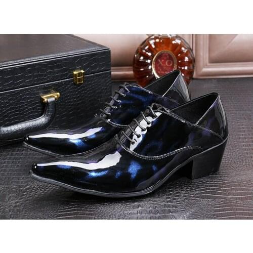 Men Genuine Leather Blue Purple Glitter Pointed Toe High Heel Shoes For Wedding Dressing Oxford Shoes Zapatos Para Hombre