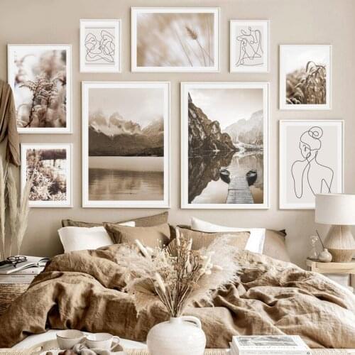 Mountain Lake Wheat Line Figure Natural Wall Art Canvas Painting Nordic Posters And Prints Wall Pictures For Living Room Decor