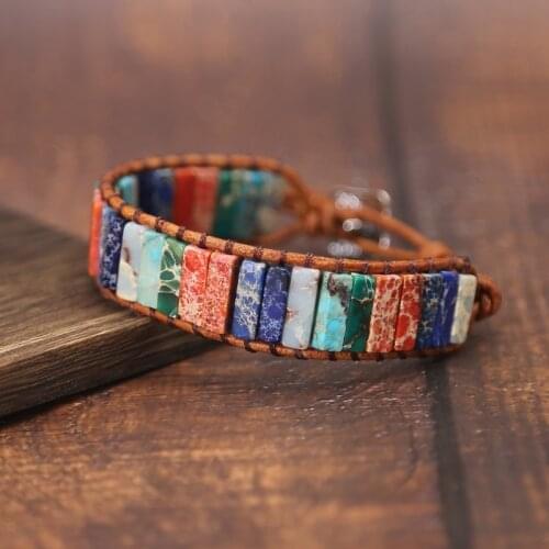 NEW Chakra Bracelet Jewelry Handmade Multi Color Natural Stone Tube Beads Leather Wrap Bracelet Couples Bracelets Gift jewelry