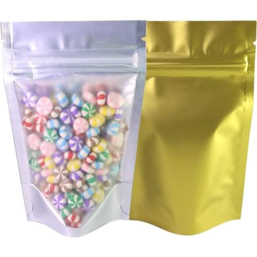 Wholesale bulk pouch small ziplock bags one side gold one side Translucent Windows ziplock resealable plastic bags
