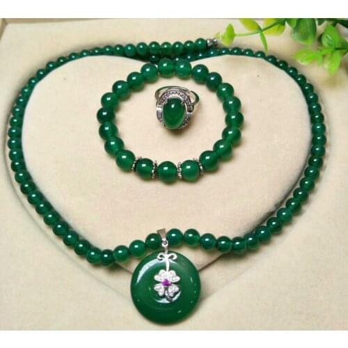 High quality 925 silver natural green jade pith necklace with ring stud necklace set