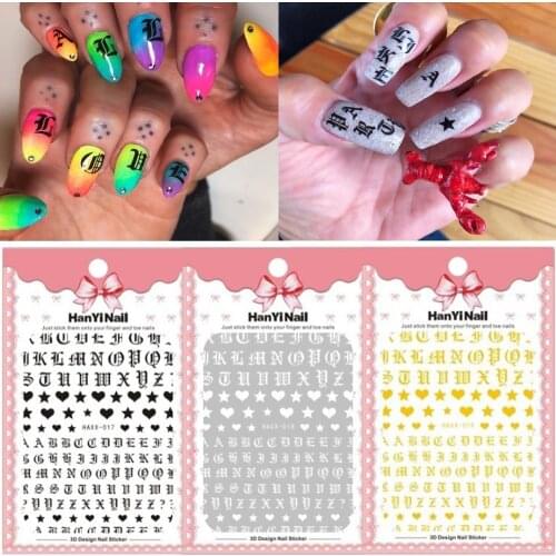 Letter 3D Nail Art Sticker Decals Old English Alphabet Star Heart Slider Nail Art Transfer Foils Set Wraps Manicure