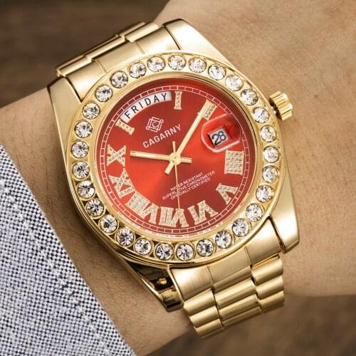 Luxury Crystal Diamond Gold Watch Men Quartz Stainless Steel Men Watches Calendar Date Week Waterproof Top Brand Wristwatch Male