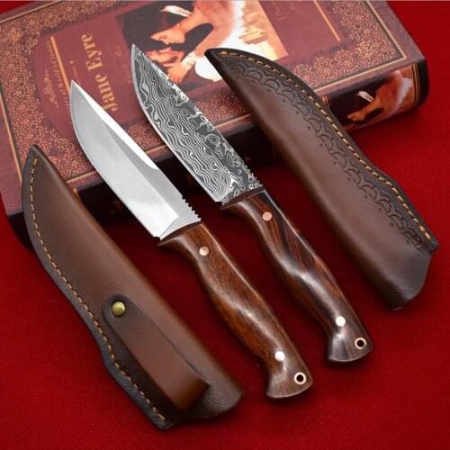 DC53 Steel Dalbergia Wood Handle Tactical Straight Knife Sharp Hunting Combat Outdoor Equipment Diving Knife+Knife Sleeve