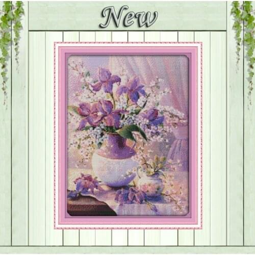 Purple flower vase,Pattern printed on canvas DMC 11CT 14CT Cross Stitch kit,needlework Set all embroider,Beautiful Flower potted