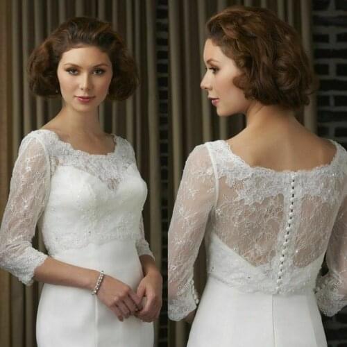 Vintage Wedding Jackets Lace Applique O-Neck Top 3/4 Sleeve Buttons Back Bridal Wraps Shawl Bolero White Ivory Custom Jacket
