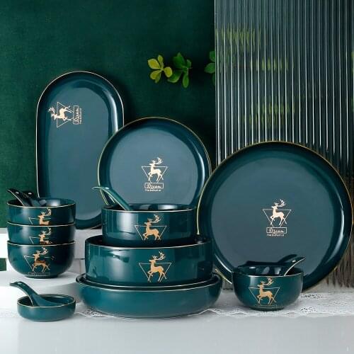 Green household ceramic tableware elk cartoon bowl and plate set