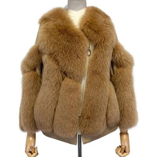 Natural Fur Jacket Ladies Winter Warm Real Fox Coat Splicated with Genuine Leather Outwear