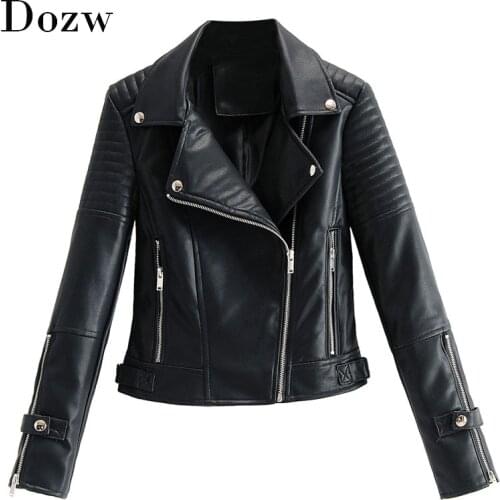 Women Fashion Solid Motorcyle Jacket Faux Leather Long Sleeve Coat 2020 Turn Down Collar Streetwear Zipper Jackets