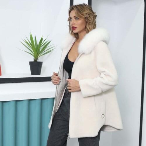 Winter Fashion Beige Women Jacket Granule Sheep Shearing Coat Warm Hooded Fox Fur Collar Female Overcoat