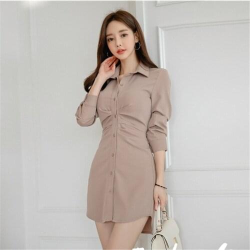 New Korean Style Single-Breasted Shirt Dress 2020 Women High Quality Turn-Down Collar Long Sleeve Mini Dress Womens Clothing