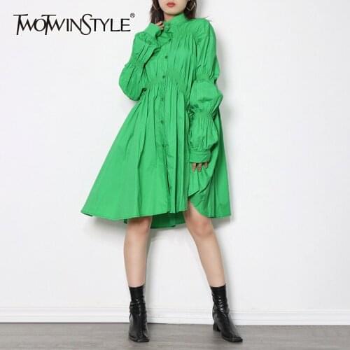 TWOTWINSTYLE Casual Frill Trim Midi Dress For Women Stand Collar Puff Long Sleeve Loose Irregular Hem Dresses Female Fashion