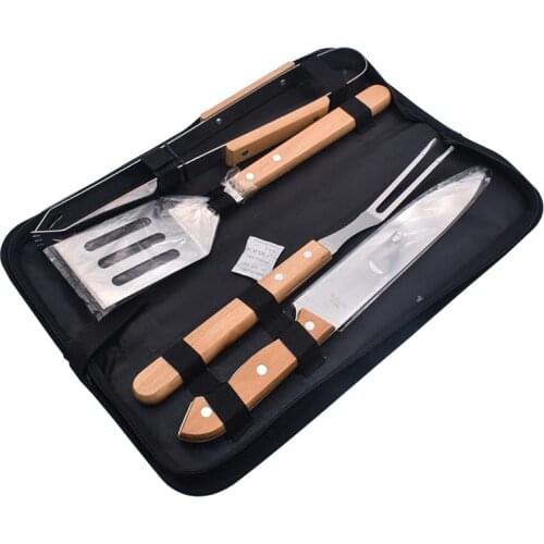4PCS/Set Stainless Steel Barbecue Knife Fork Tongs Spatula Sets BBQ Roasting Grilling Tool With Wooden Handle