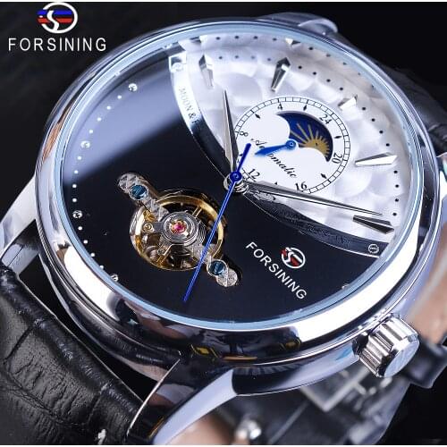 Forsining Skeleton Automatic Mechanical Watch Mens Genuine Black Leather Band Sun Moon Display Fashion Wristwatch Relojes Hombre