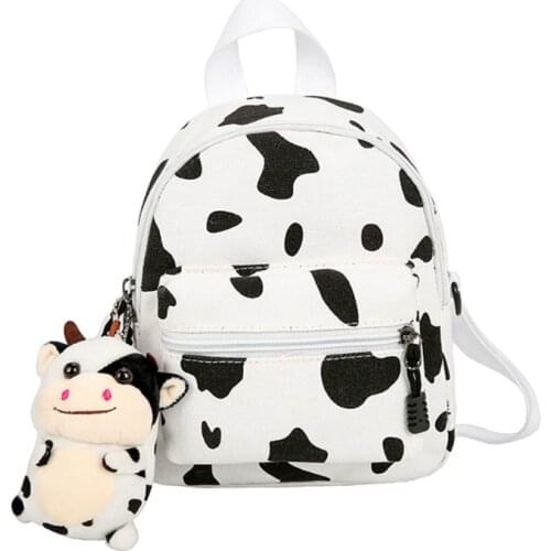 Mini Canvas Daypack with Plush Pendant Cow Print Backpack for Women Lady Girls Q1QA