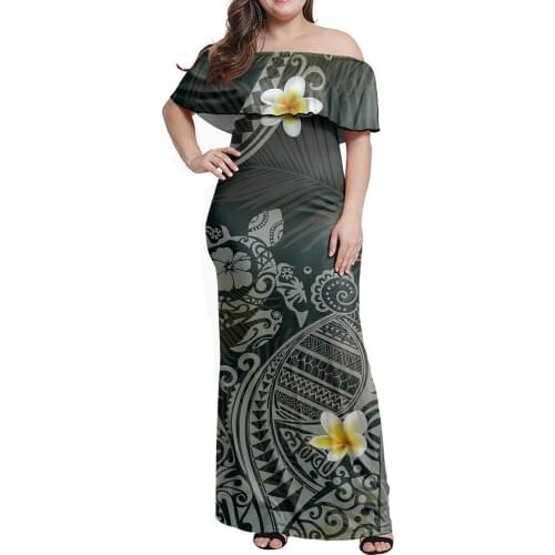 Hycool Polynesian Sea Turtle Print Plain Off Shoulder Ruffle Dress Plus Size Sexy Maxi Bodycon Long Summer Casual Wedding Dress